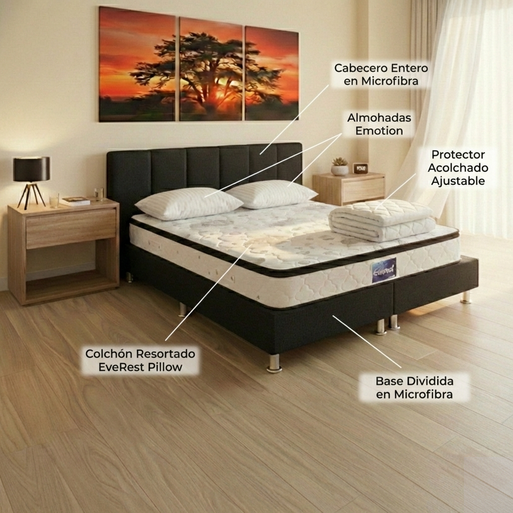 Combo Colchón EveRest Pillow + Base Cama Dividida + Cabecero + Almohadas + Protector