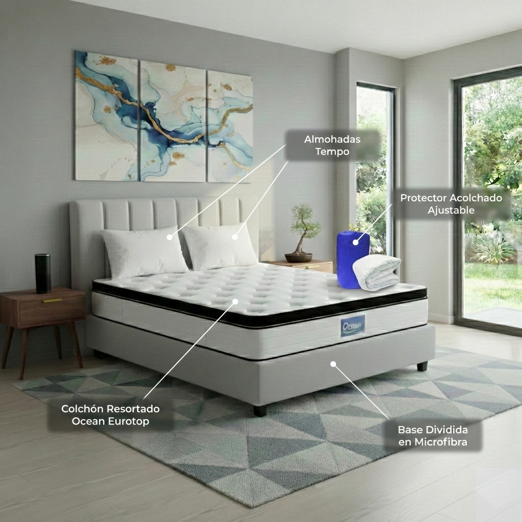 Combo Colchón Ocean Eurotop + Base Cama Dividida + Almohadas + Protector